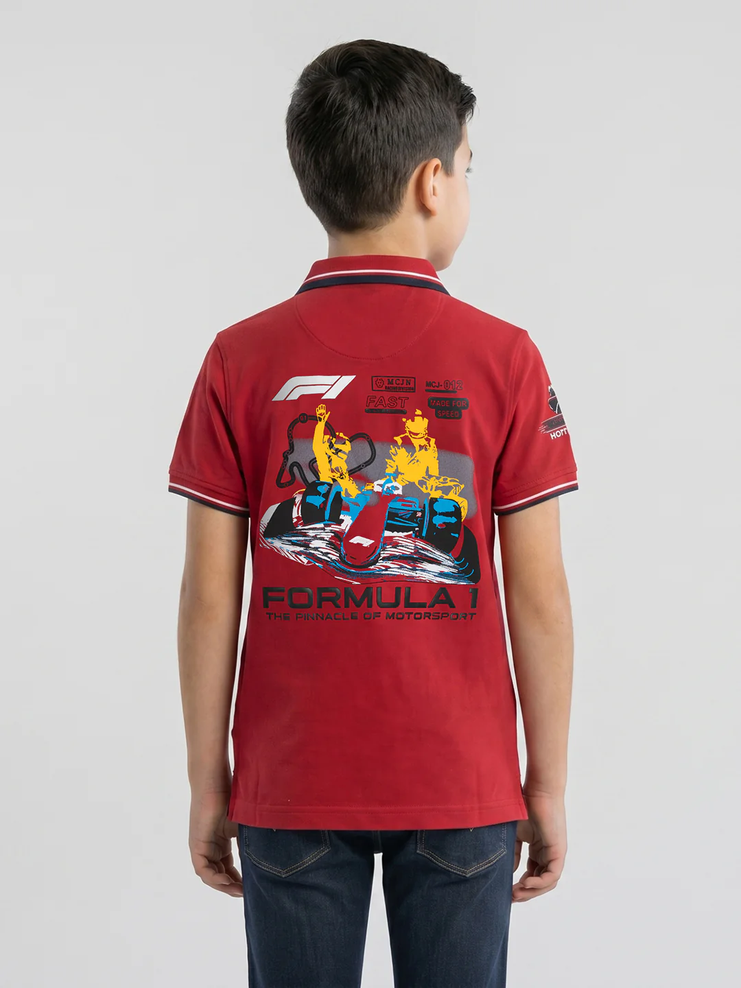 Boys Red Printed Collar Half Sleeve T-Shirt - Image 3