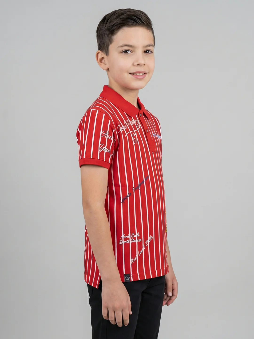 Boys Red Printed Collar Half Sleeve T-Shirt - Image 2