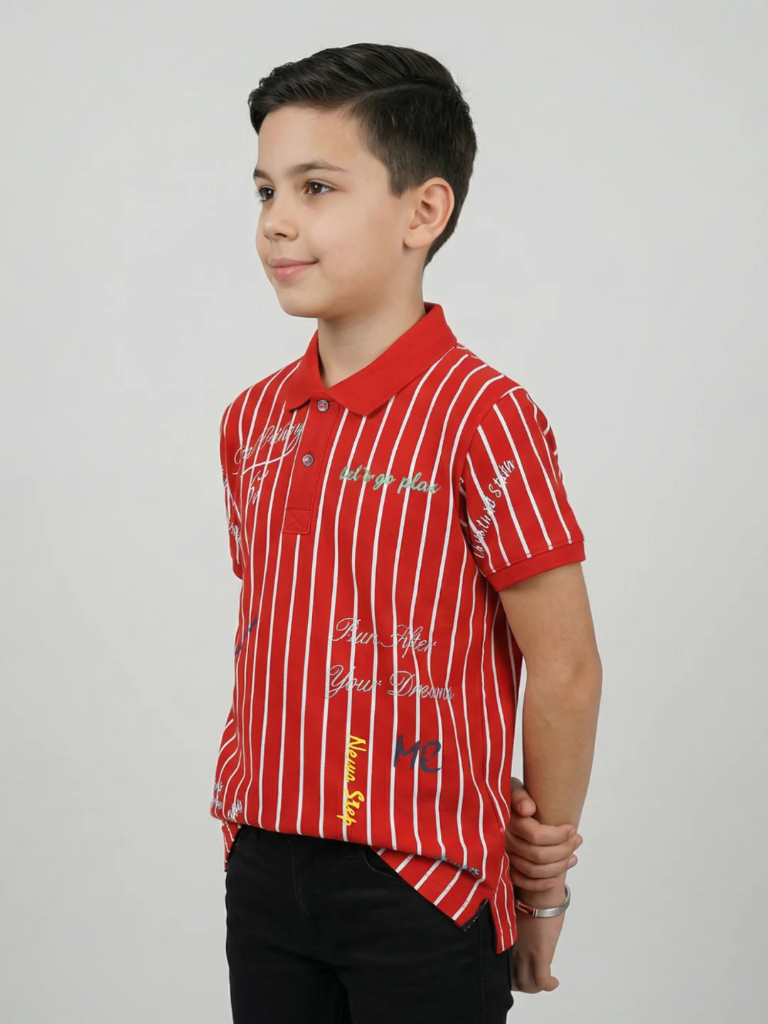 Boys Red Printed Collar Half Sleeve T-Shirt - Image 3