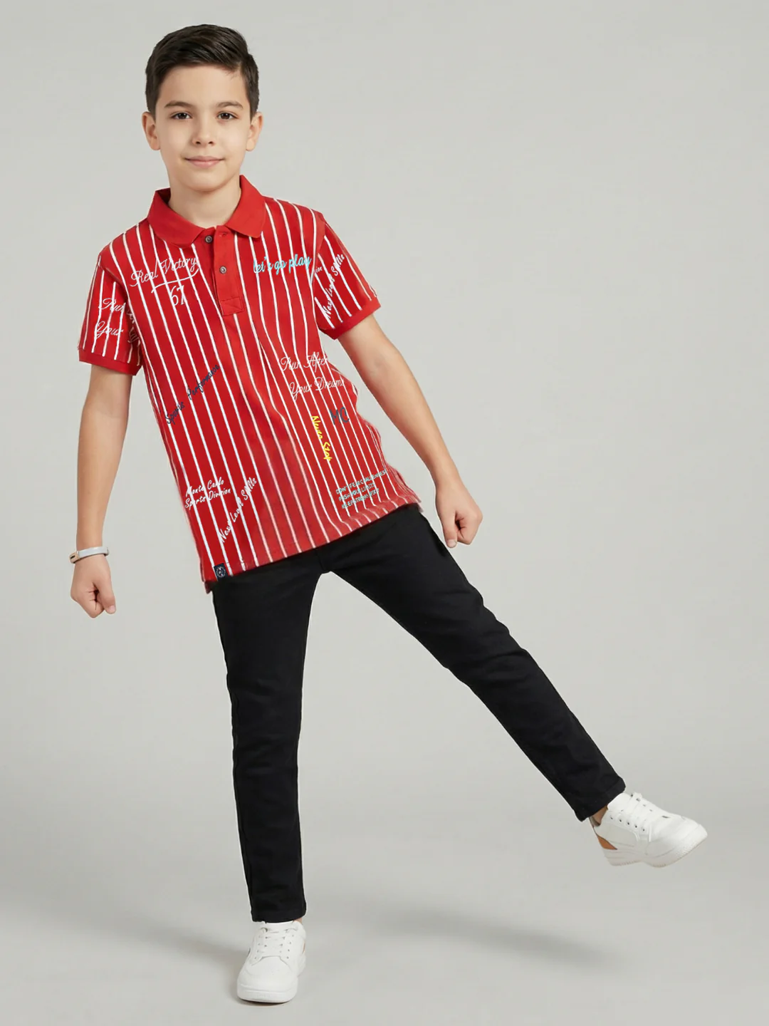 Boys Red Printed Collar Half Sleeve T-Shirt - Image 5