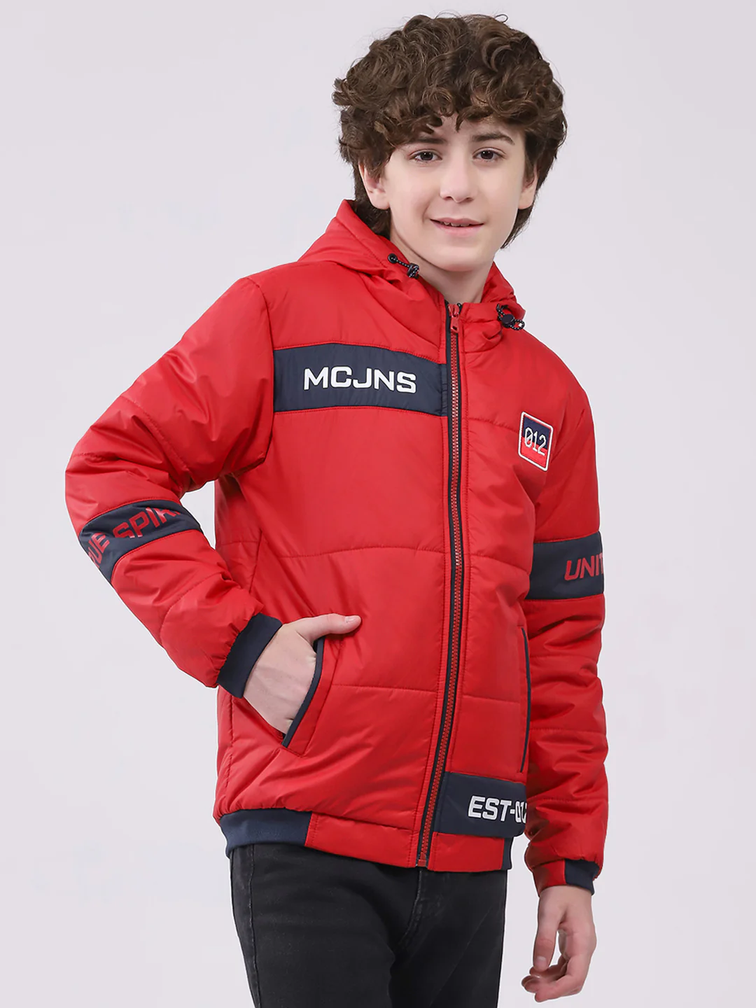 Boys Red Printed Hooded Full Sleeve Boys Jacket - Image 4