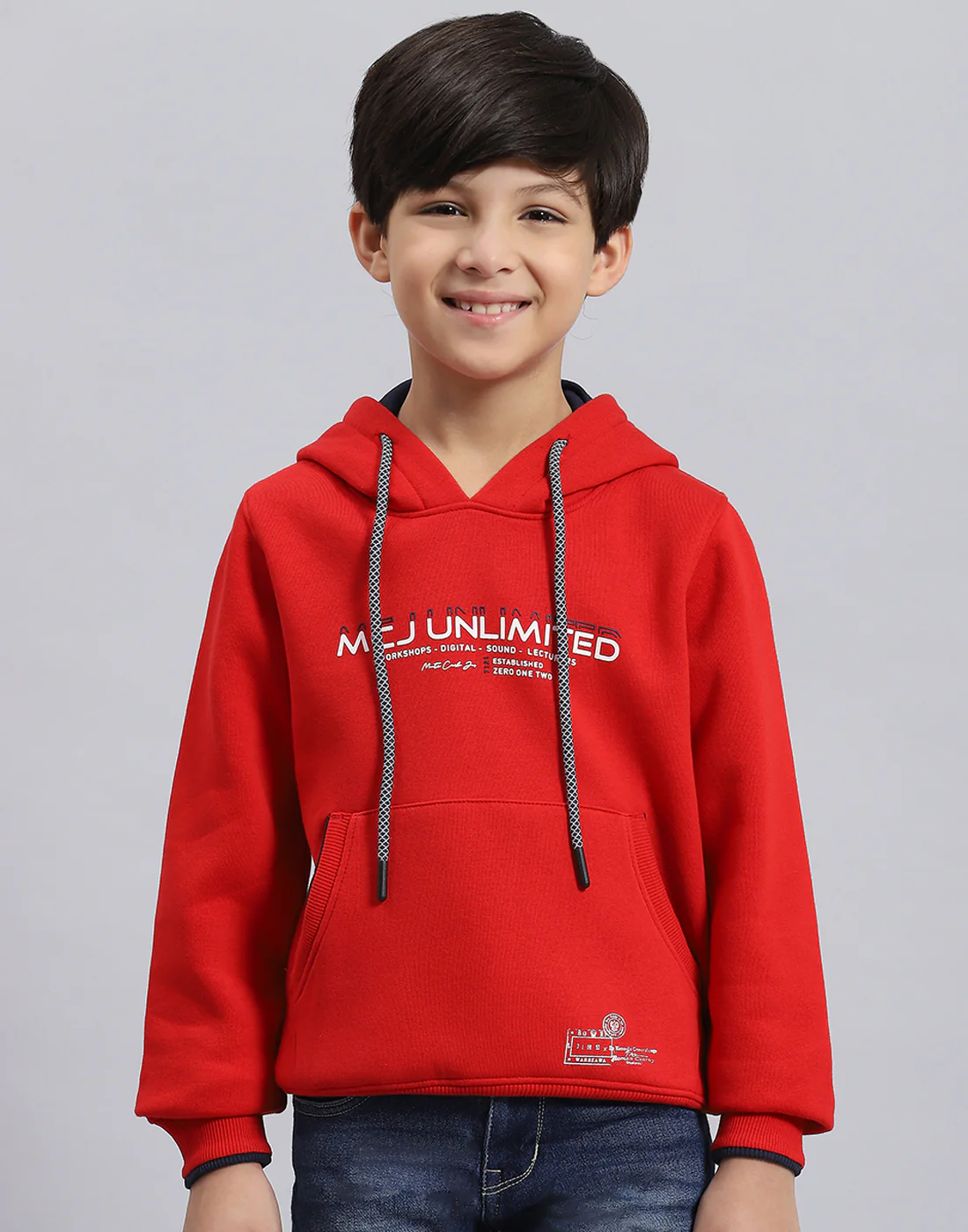 Boys Red Printed Hooded Full Sleeve Sweatshirt - Image 3