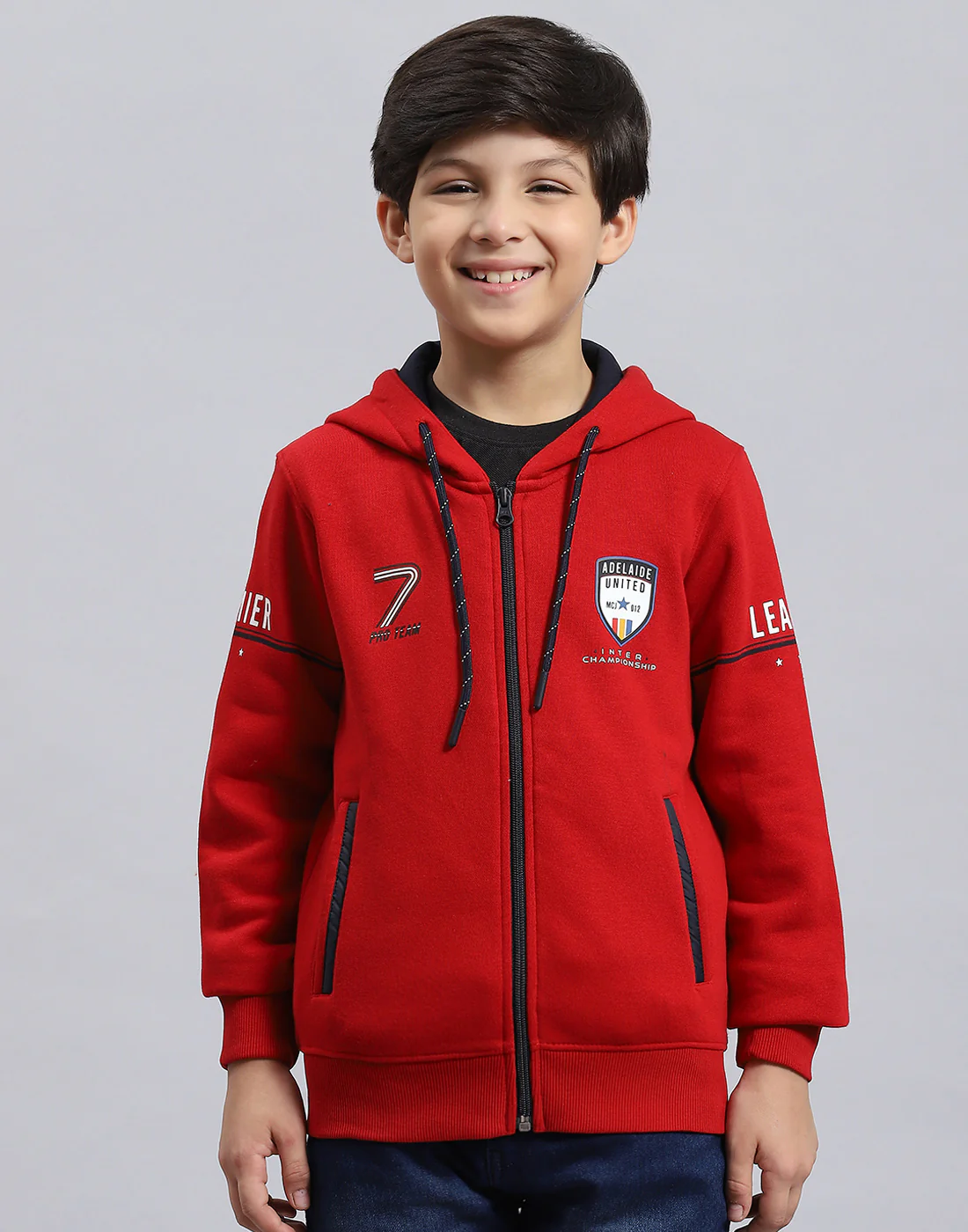 Boys Red Printed Hooded Full Sleeve Sweatshirt - Image 2