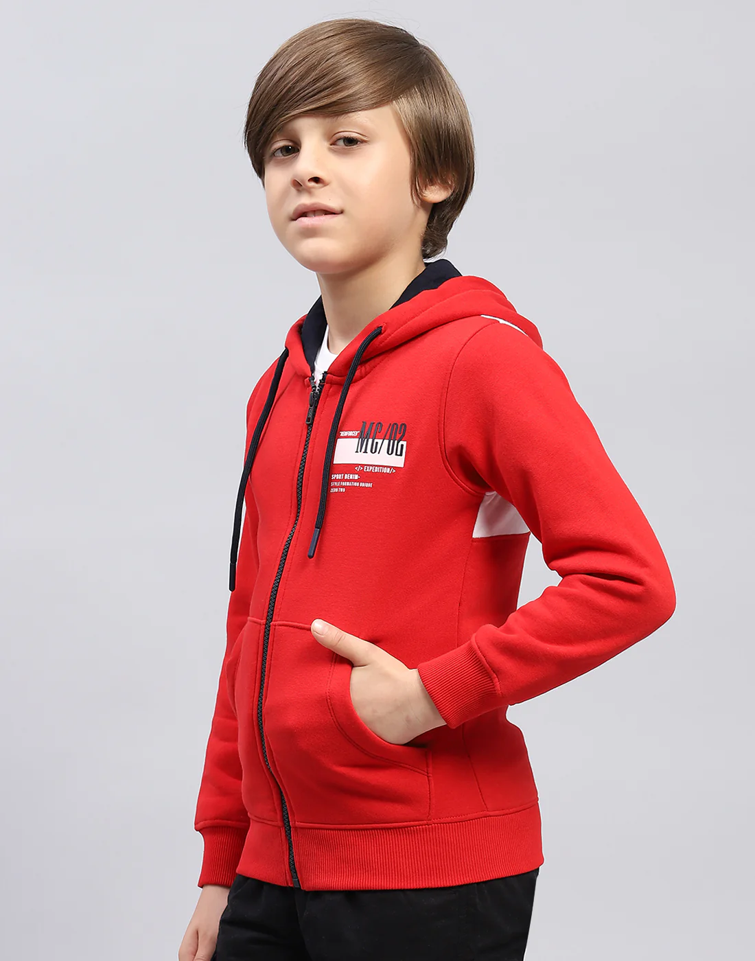 Boys Red Printed Hooded Full Sleeve Sweatshirt - Image 3