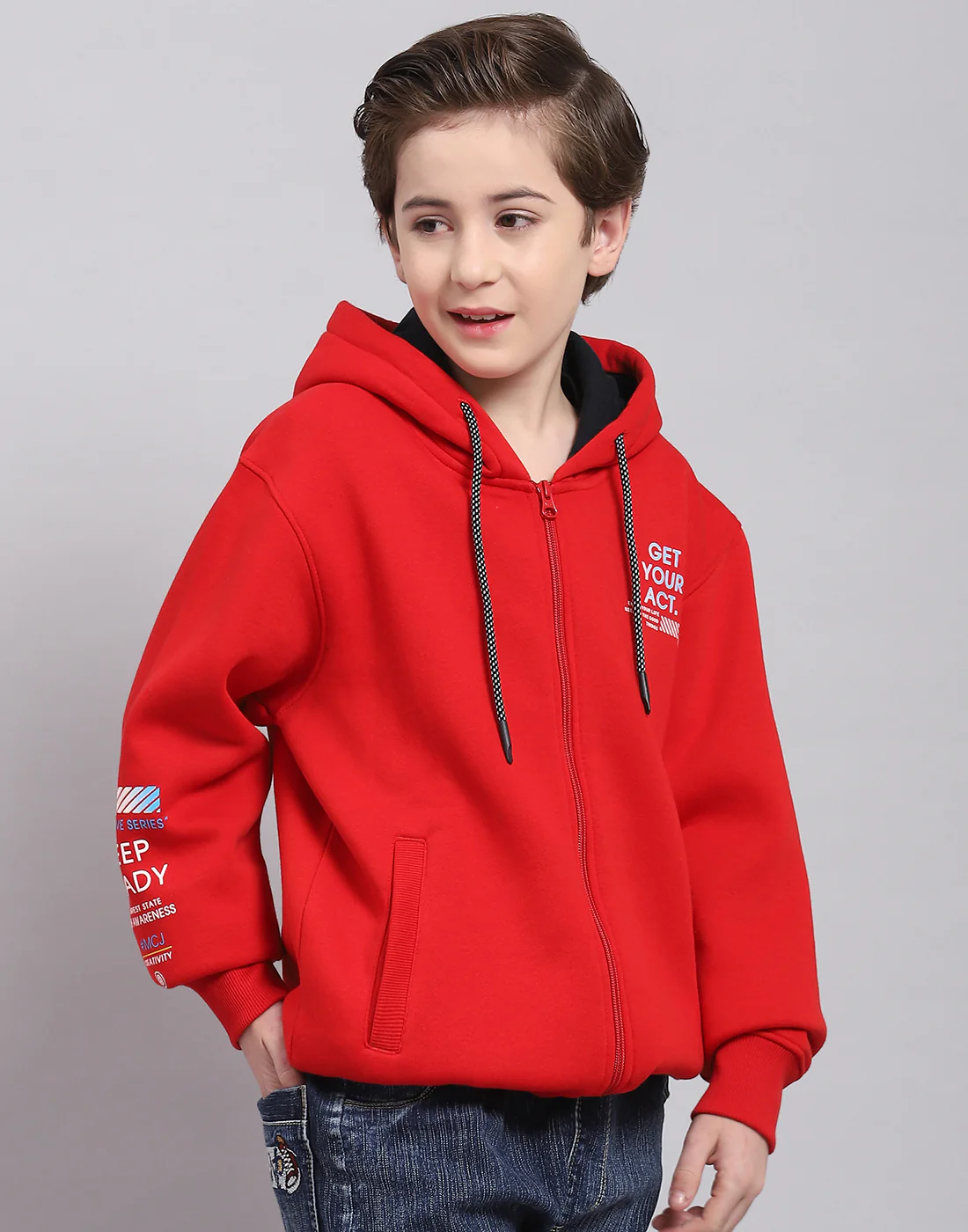 Boys Red Printed Hooded Full Sleeve Sweatshirt - Image 4