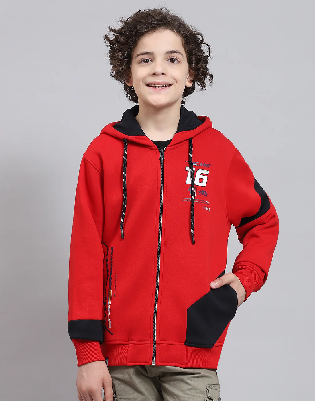 Boys Red Printed Hooded Full Sleeve Sweatshirt - Image 2