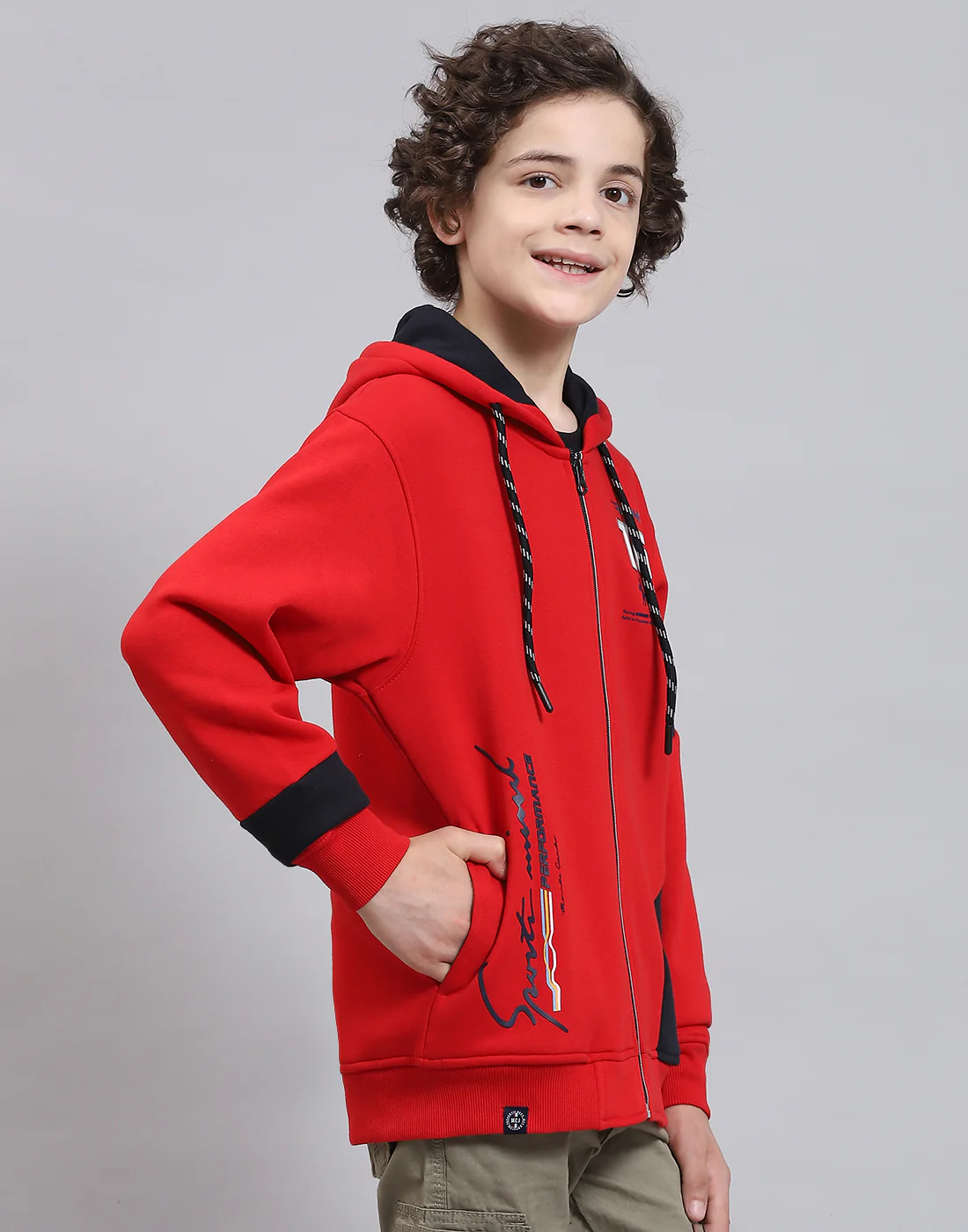 Boys Red Printed Hooded Full Sleeve Sweatshirt - Image 4