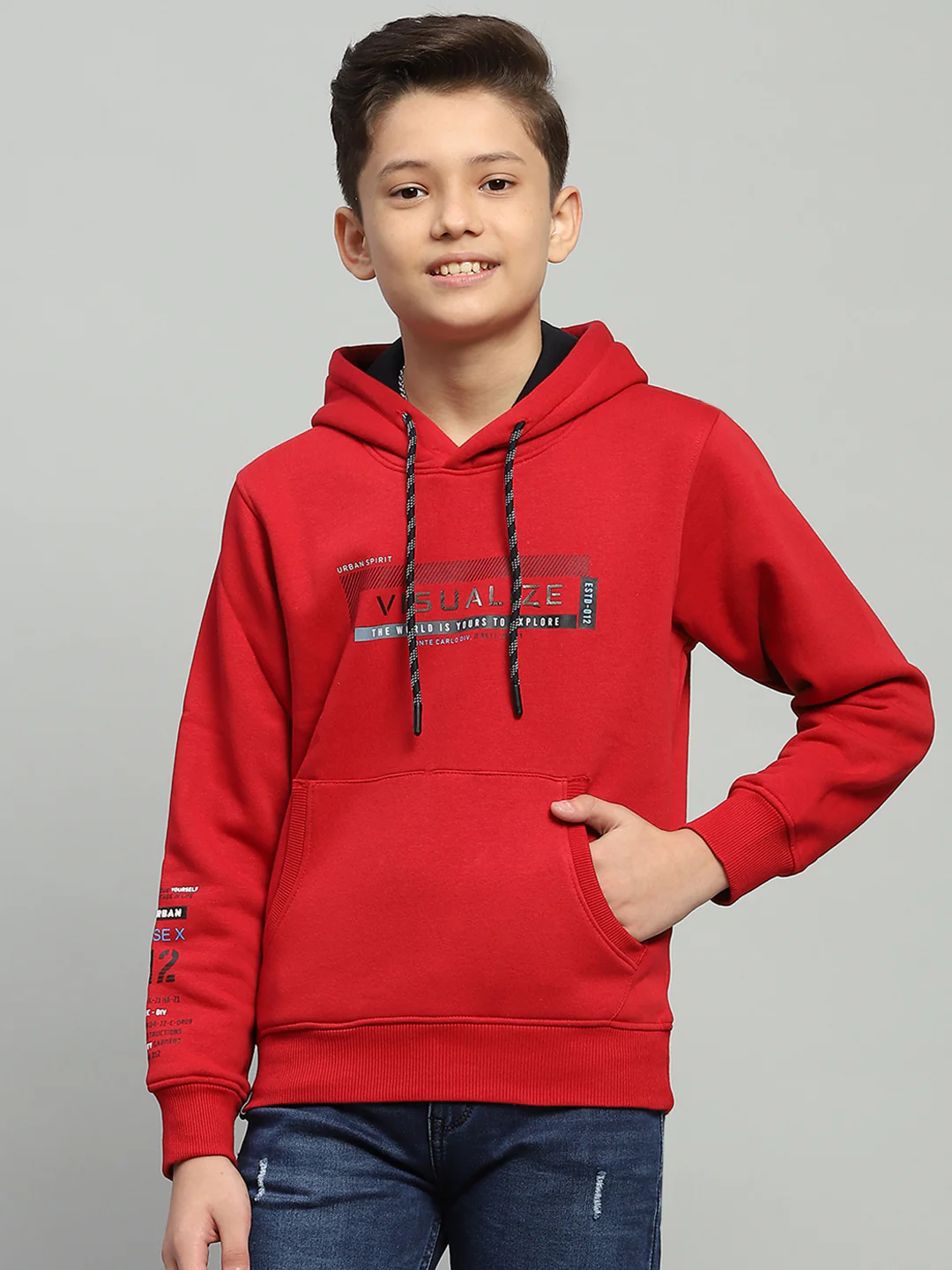 Boys Red Printed Hooded Full Sleeve Sweatshirt