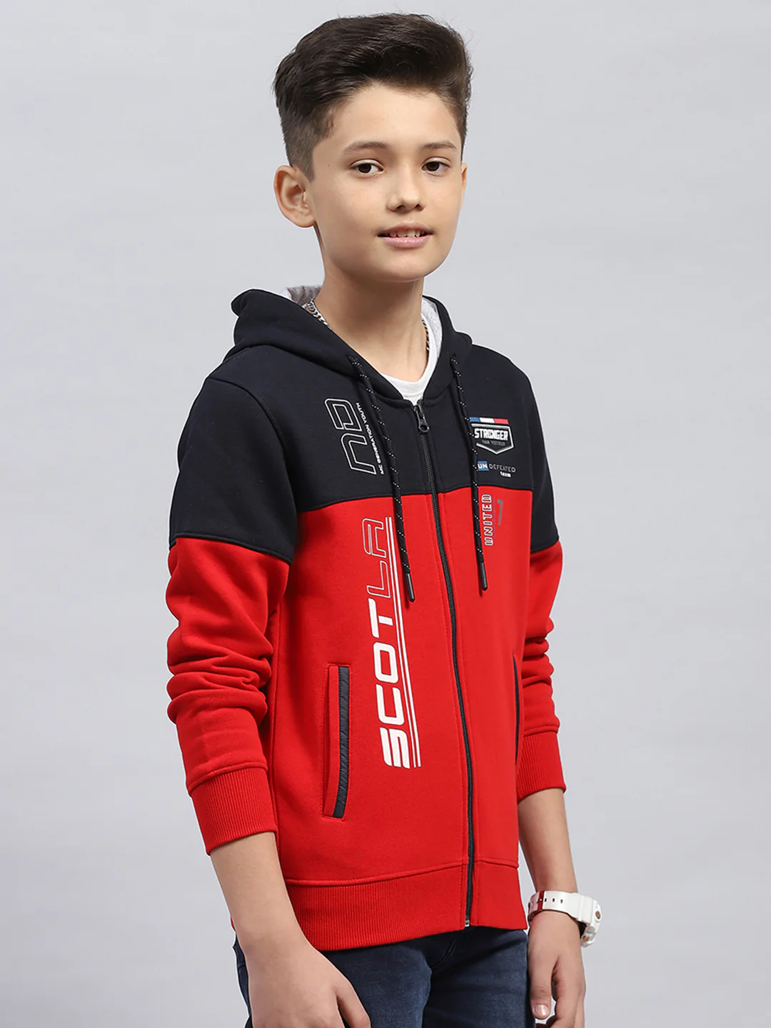 Boys Red Printed Hooded Full Sleeve Sweatshirt - Image 4