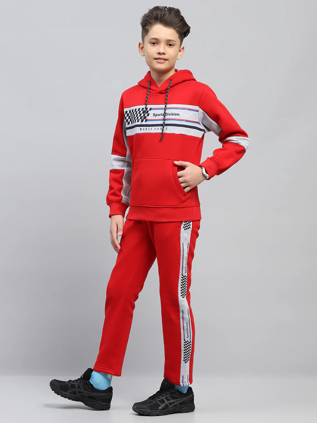 Boys Red Printed Hooded Full Sleeve Tracksuit - Image 3