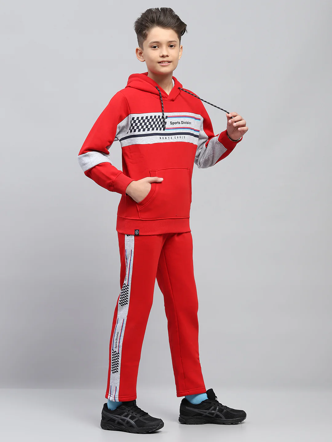 Boys Red Printed Hooded Full Sleeve Tracksuit - Image 4