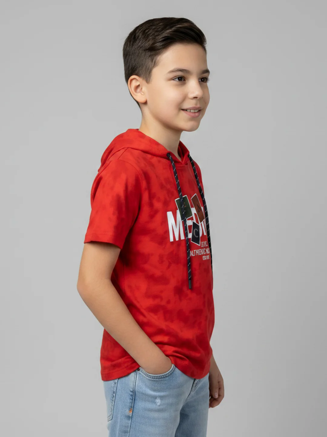 Boys Red Printed Hooded Half Sleeve T-Shirt - Image 2