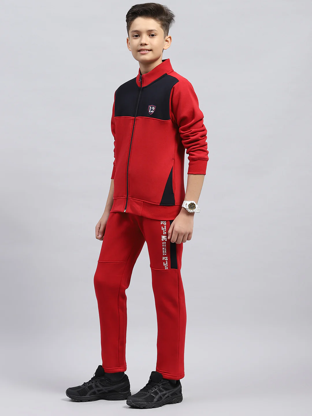 Boys Red Printed Mock Neck Full Sleeve Tracksuit - Image 3