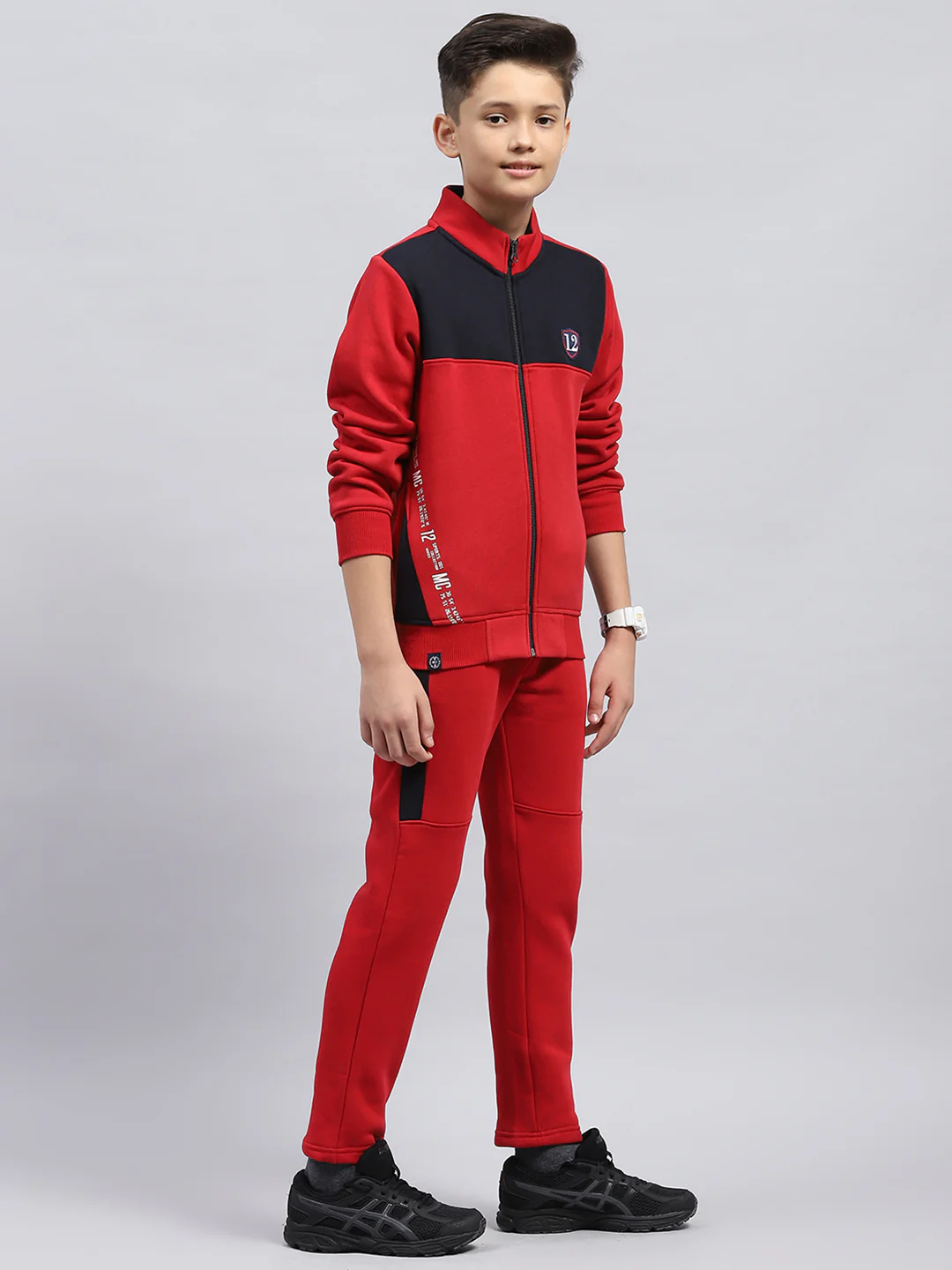 Boys Red Printed Mock Neck Full Sleeve Tracksuit - Image 4