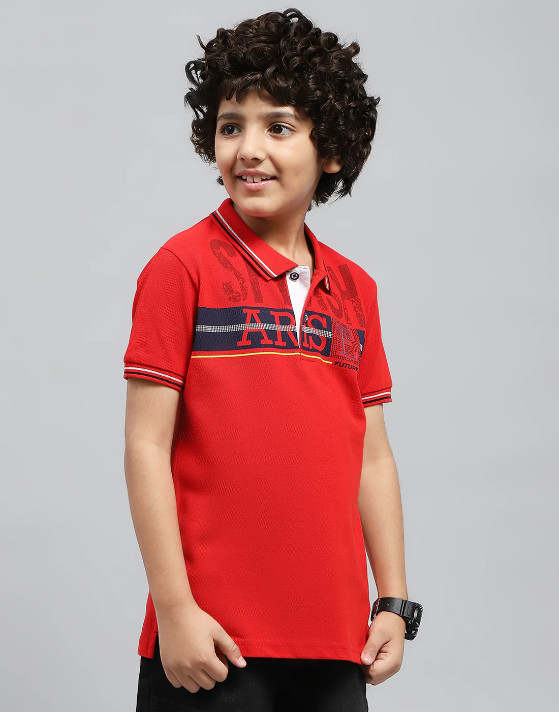 Boys Red Printed Polo Collar Half Sleeve T-Shirt - Image 6