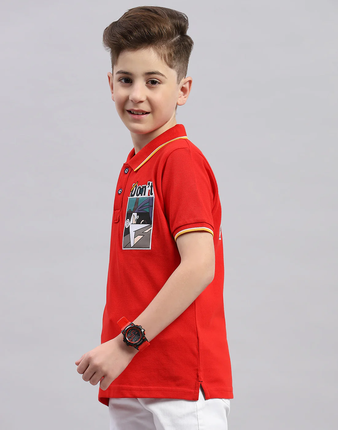 Boys Red Printed Polo Collar Half Sleeve T-Shirt - Image 3