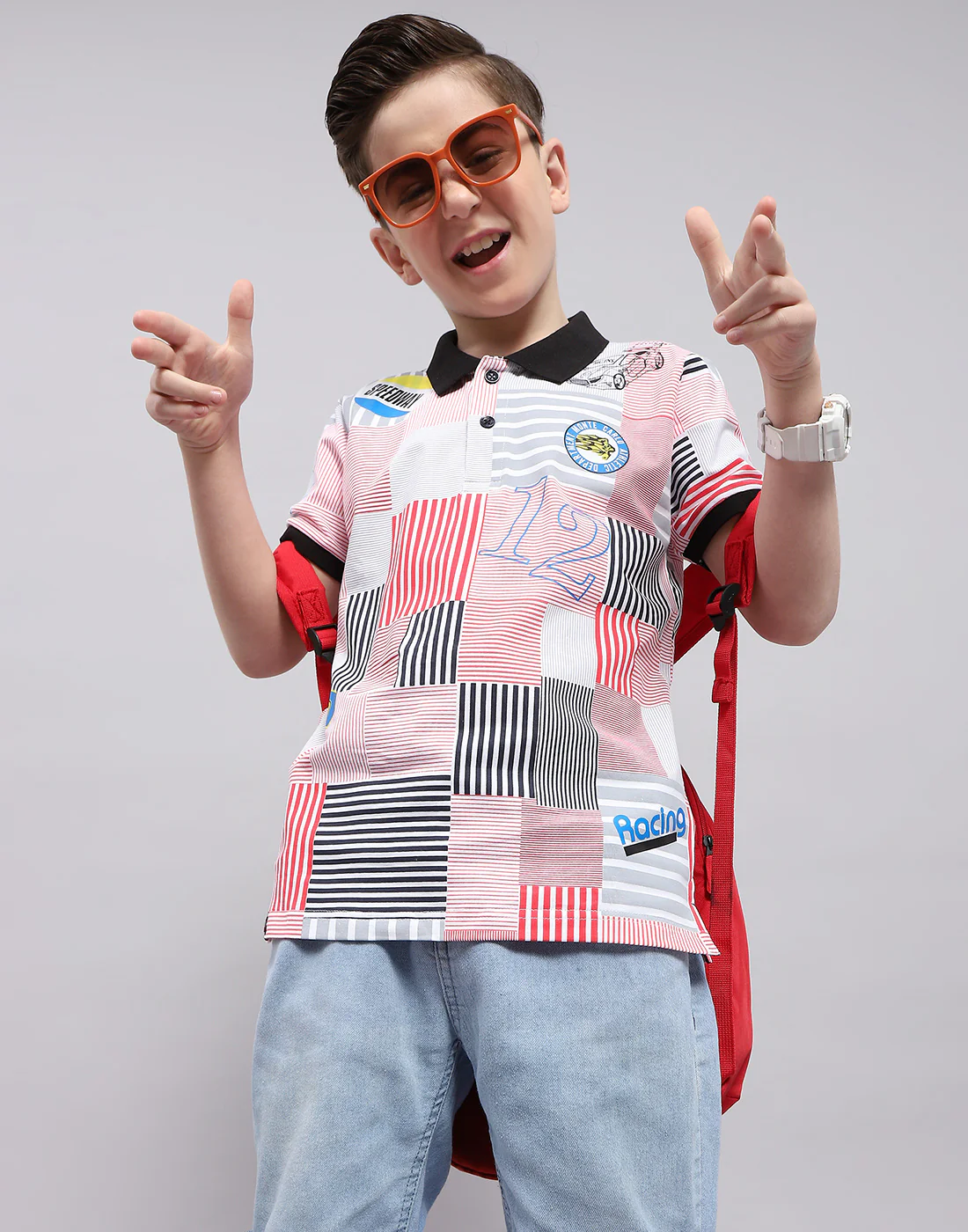 Boys Red Printed Polo Collar Half Sleeve T-Shirt - Image 7
