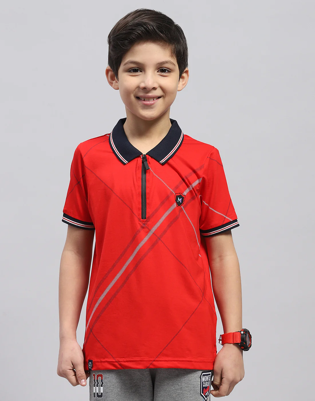 Boys Red Printed Polo Collar Half Sleeve T-Shirt - Image 2