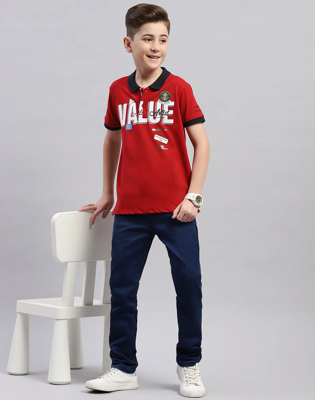 Boys Red Printed Polo Collar Half Sleeve T-Shirt - Image 2