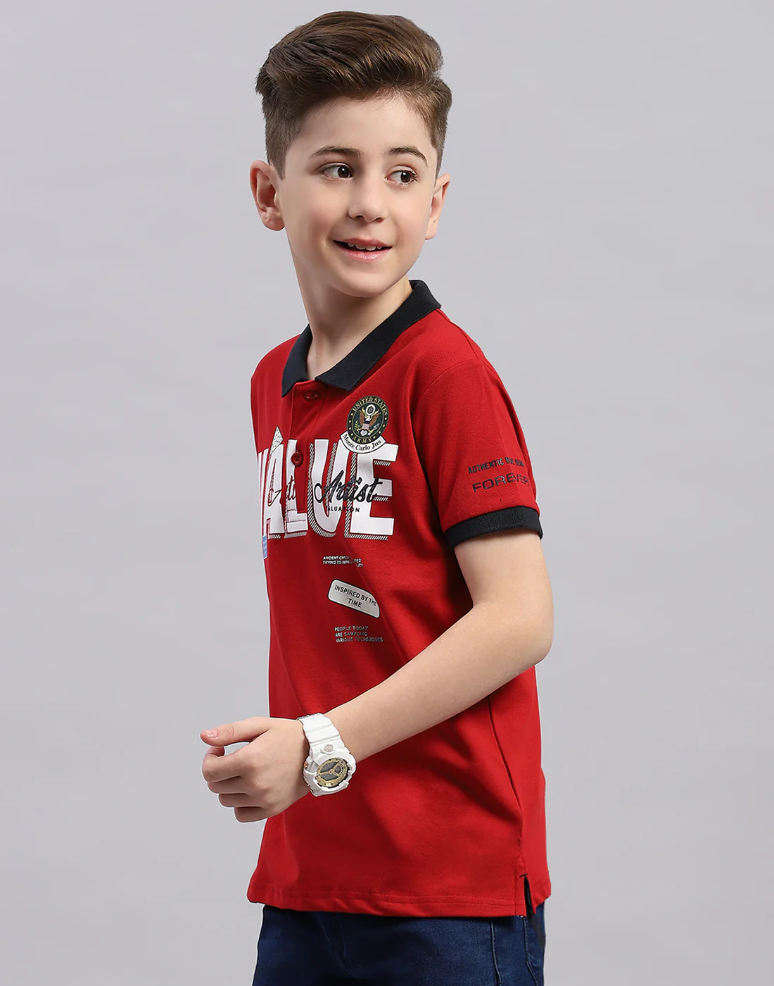 Boys Red Printed Polo Collar Half Sleeve T-Shirt - Image 3