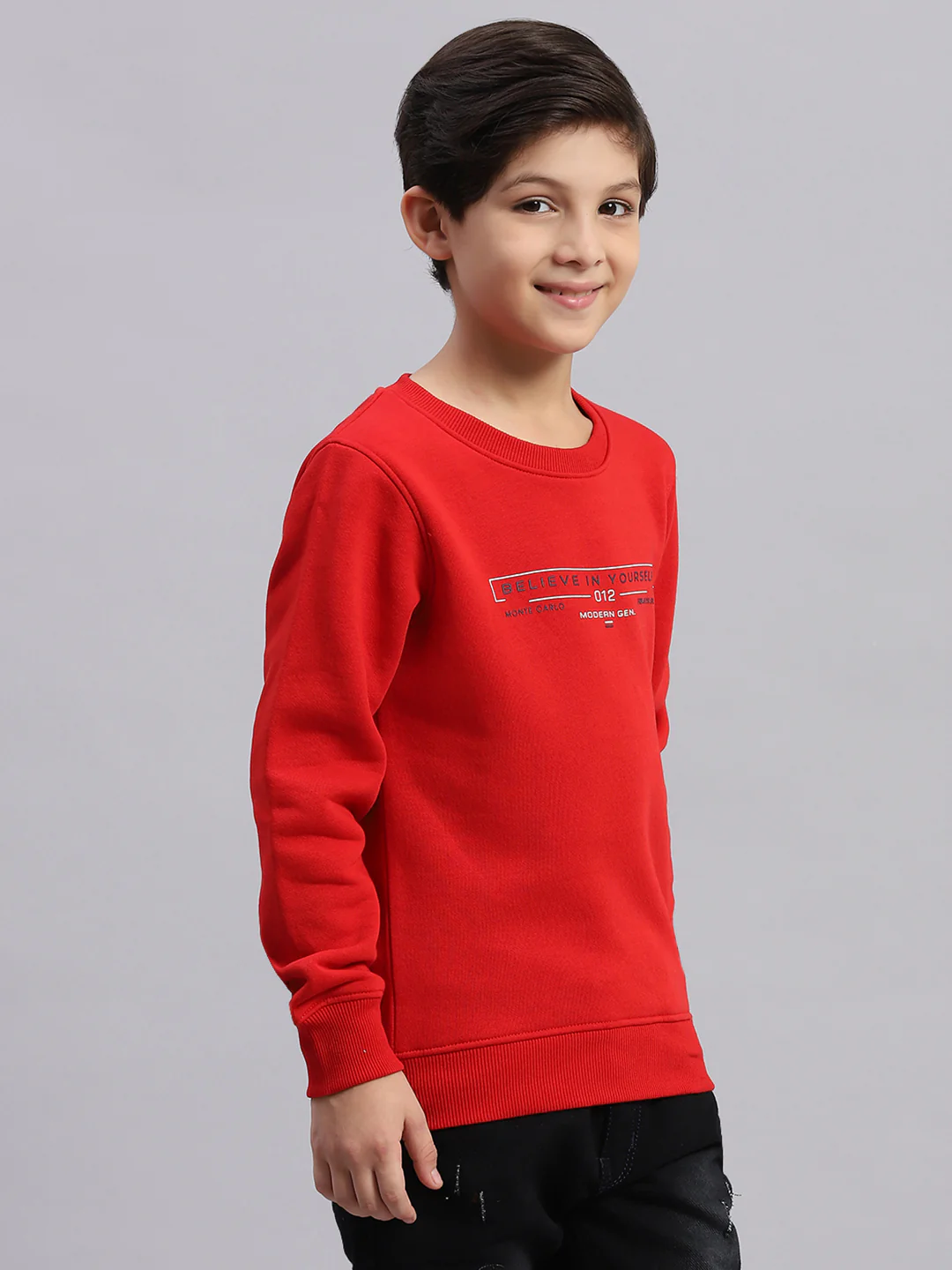 Boys Red Printed Round Neck Full Sleeve Sweatshirt - Image 4