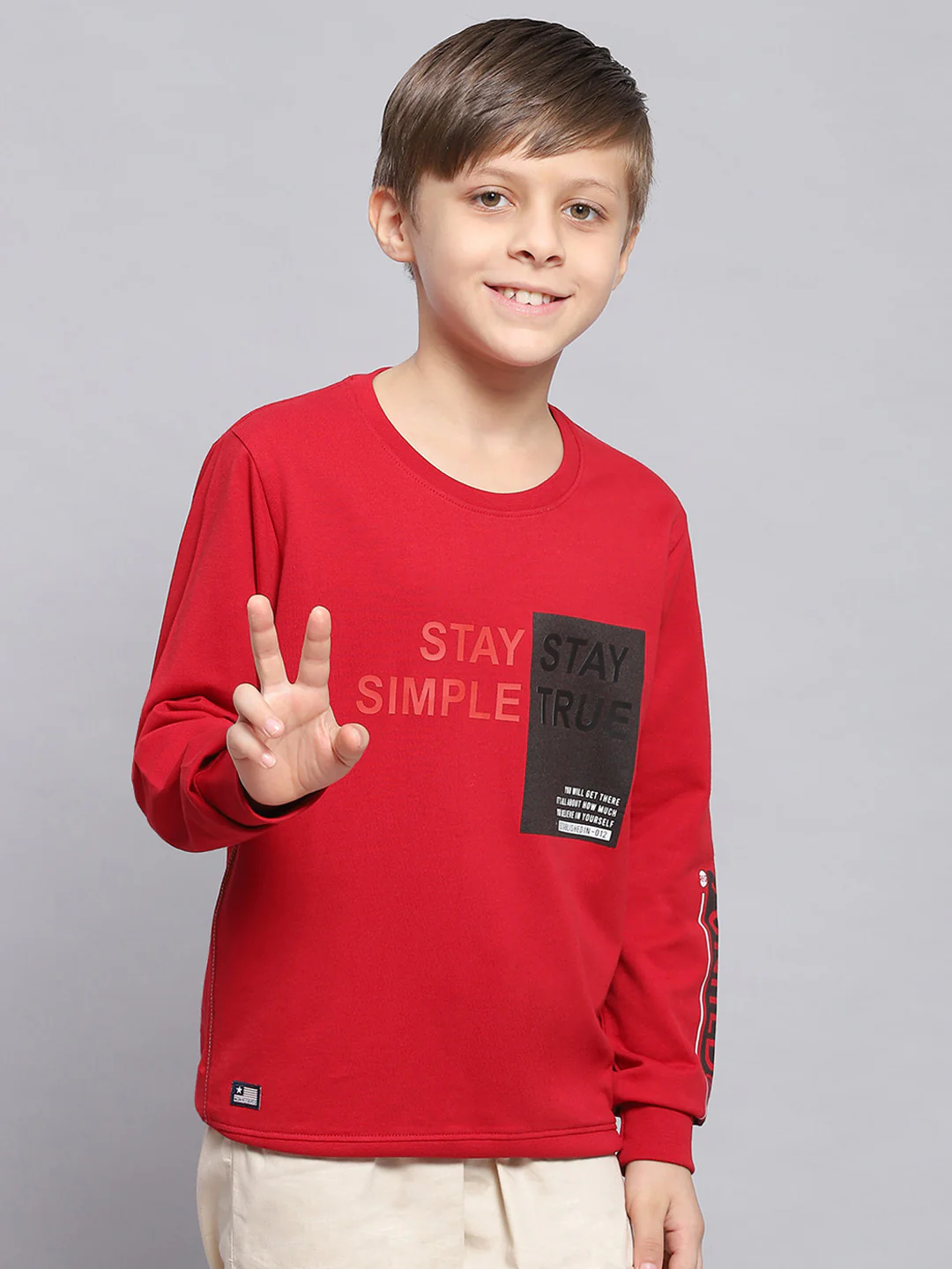 Boys Red Printed Round Neck Full Sleeve Sweatshirt - Image 2