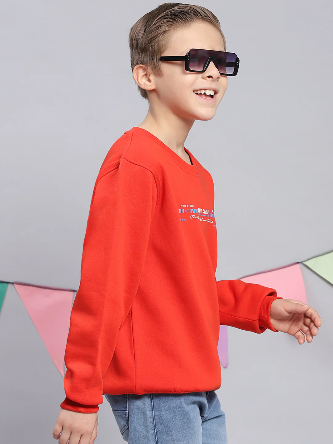 Boys Red Printed Round Neck Full Sleeve Sweatshirt - Image 4