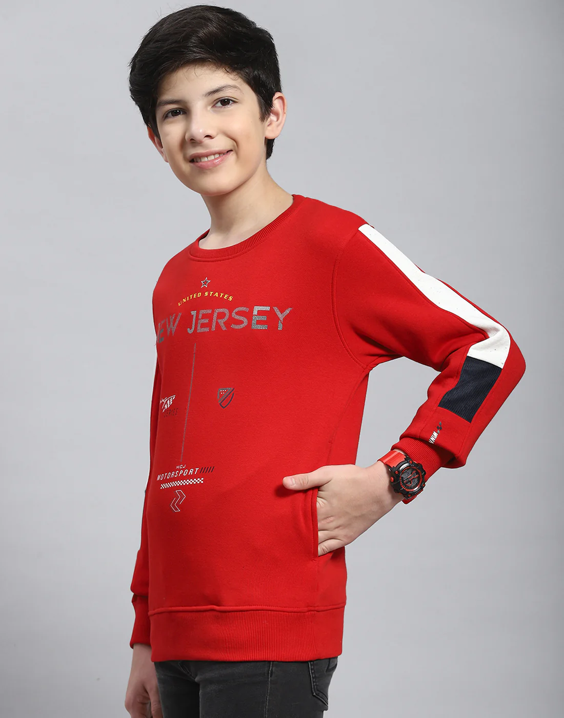 Boys Red Printed Round Neck Full Sleeve Sweatshirt - Image 3