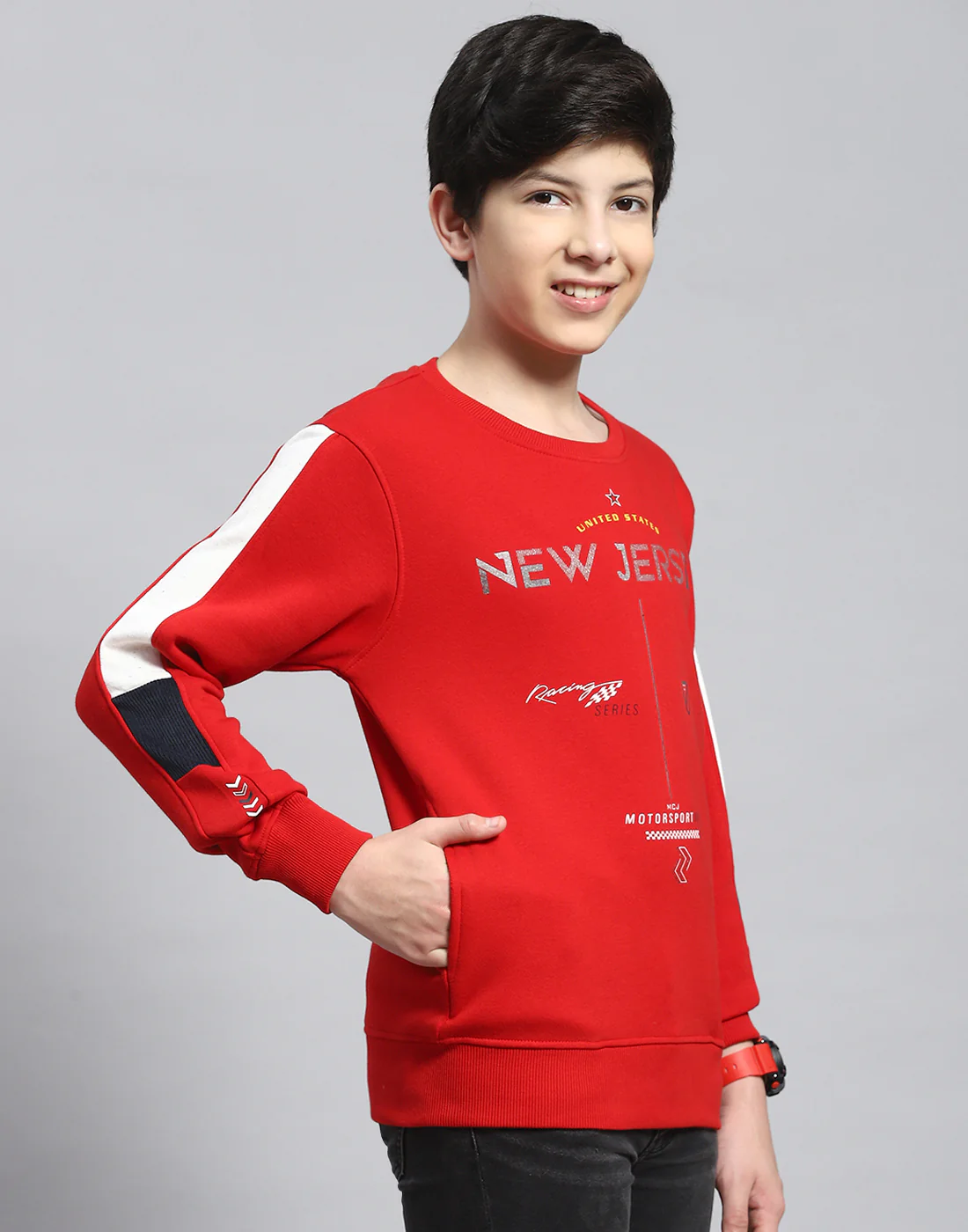 Boys Red Printed Round Neck Full Sleeve Sweatshirt - Image 4