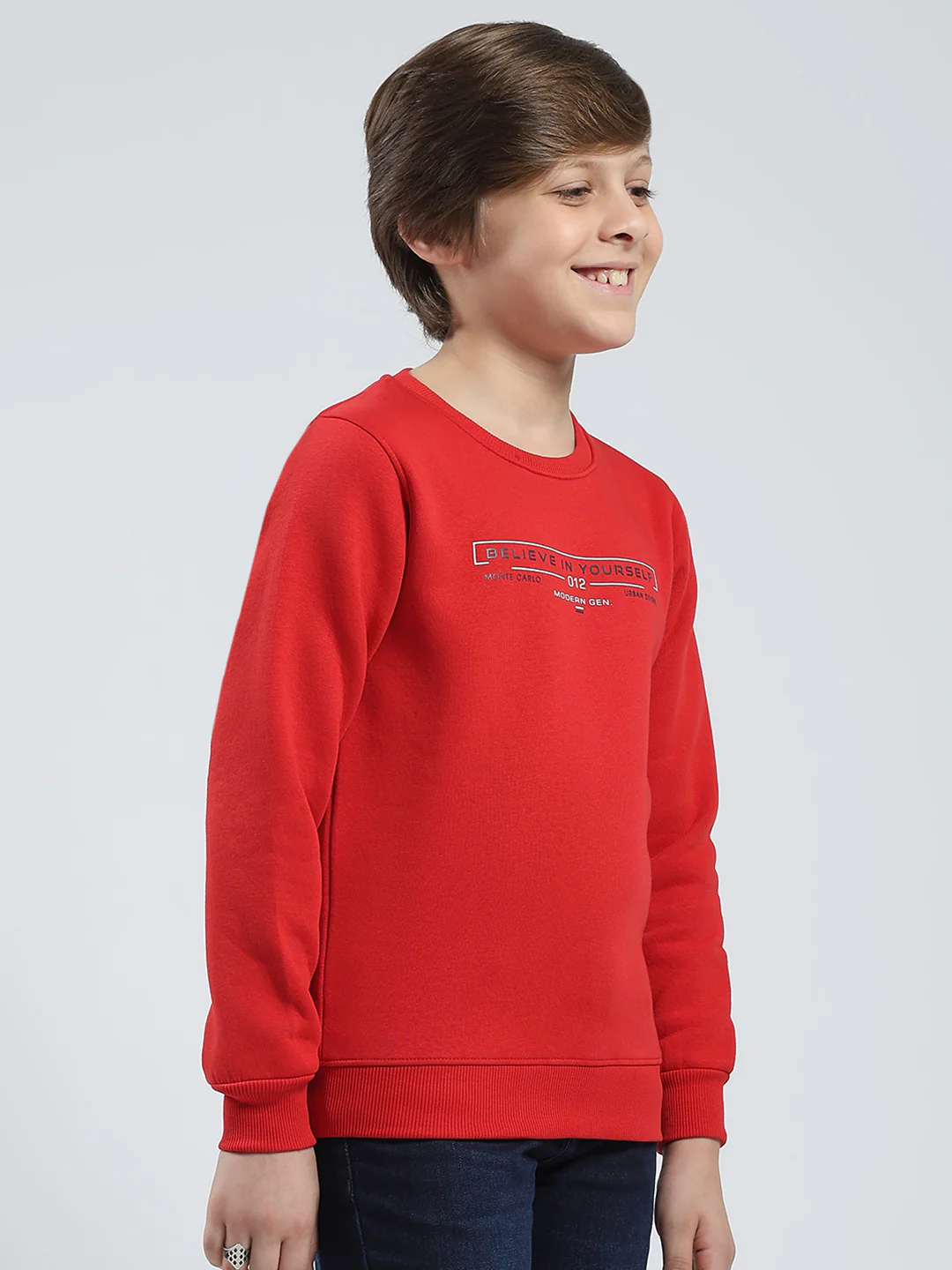 Boys Red Printed Round Neck Full Sleeve Sweatshirt - Image 4
