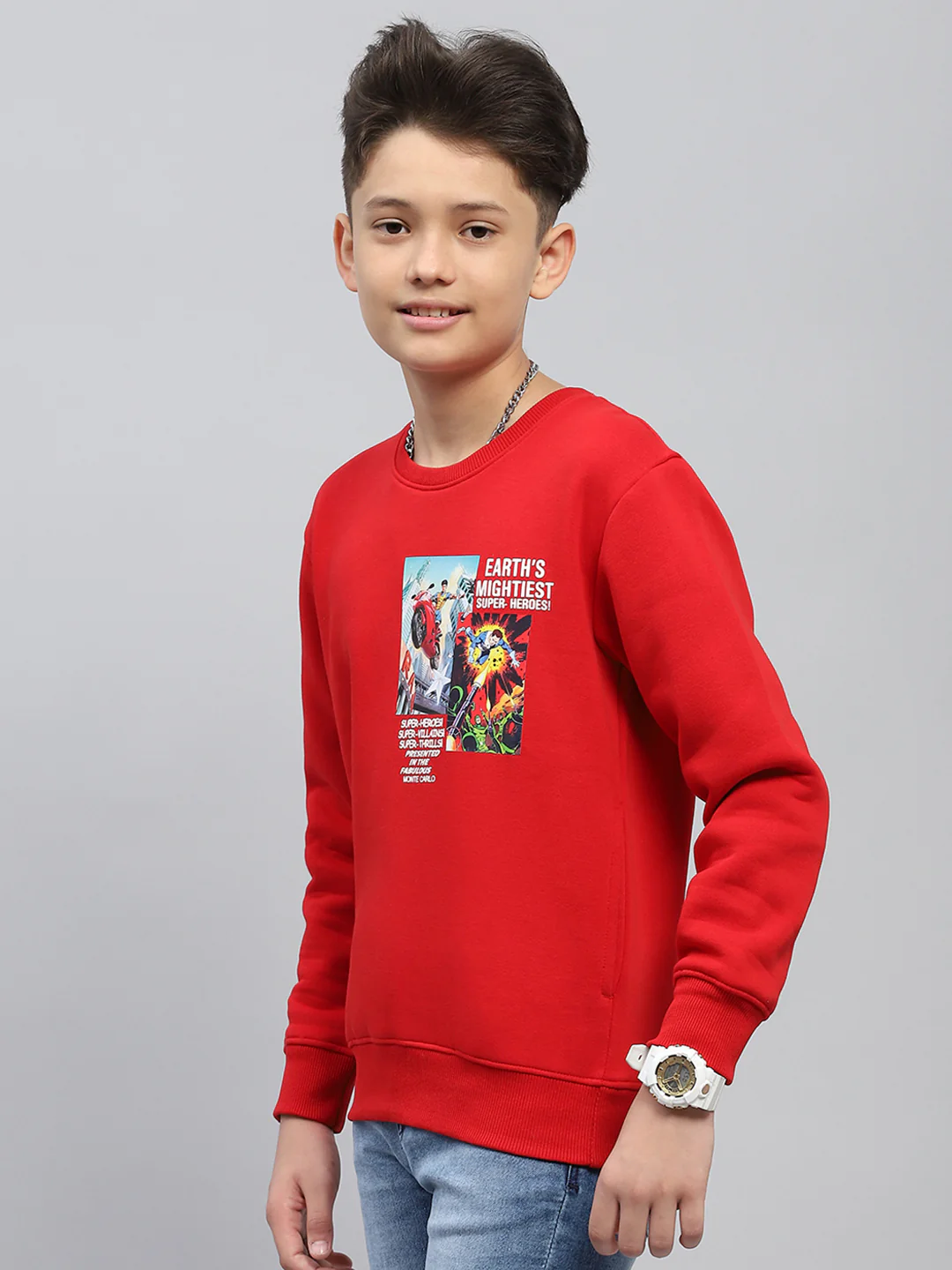 Boys Red Printed Round Neck Full Sleeve Sweatshirt - Image 3
