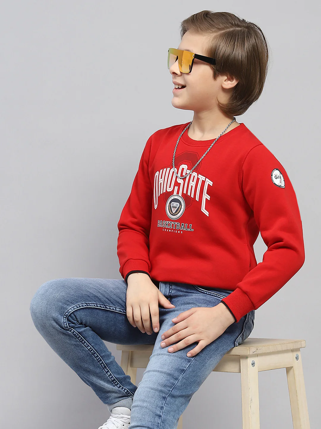 Boys Red Printed Round Neck Full Sleeve Sweatshirt - Image 6