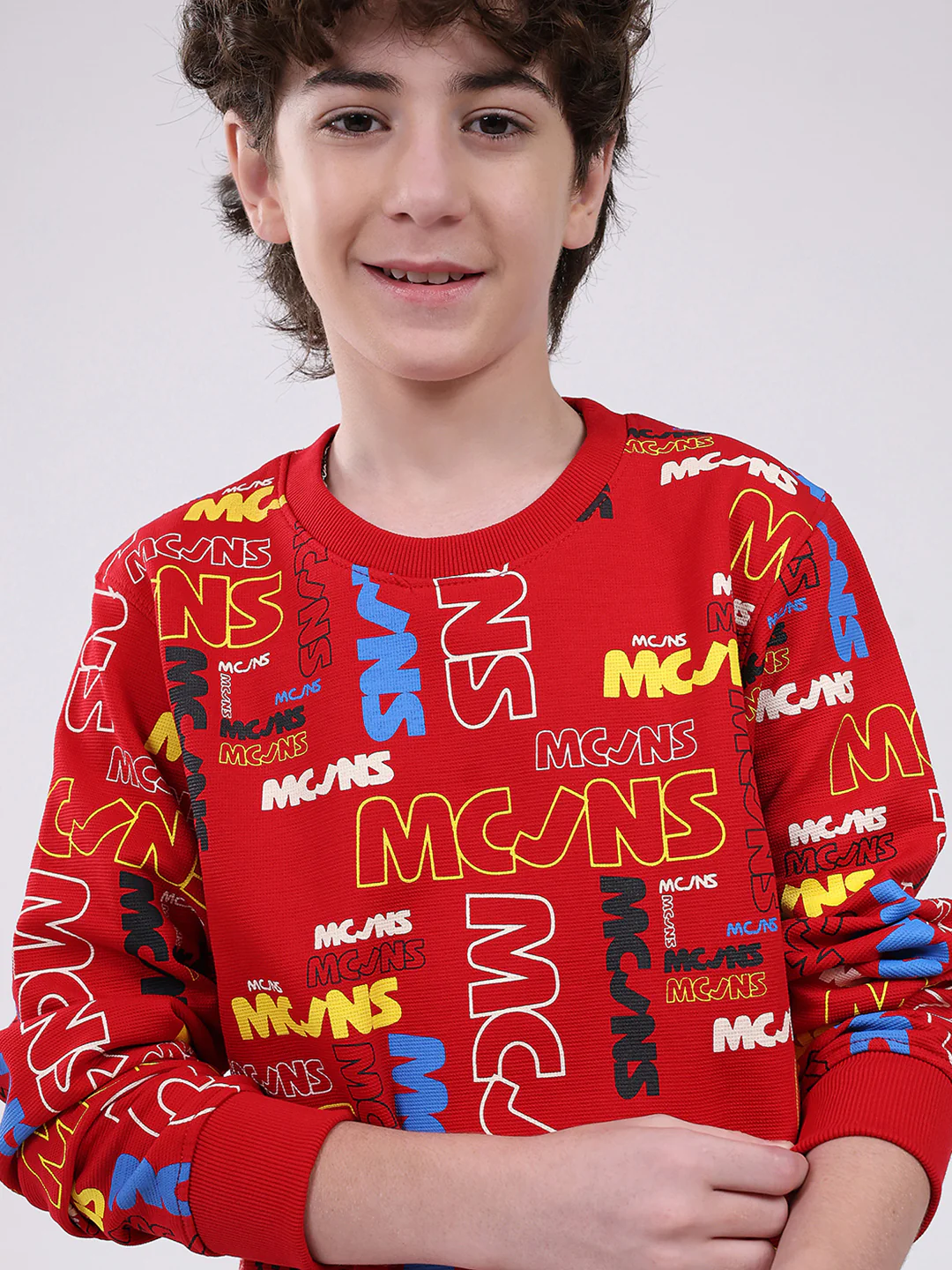 Boys Red Printed Round Neck Full Sleeve Sweatshirt - Image 7