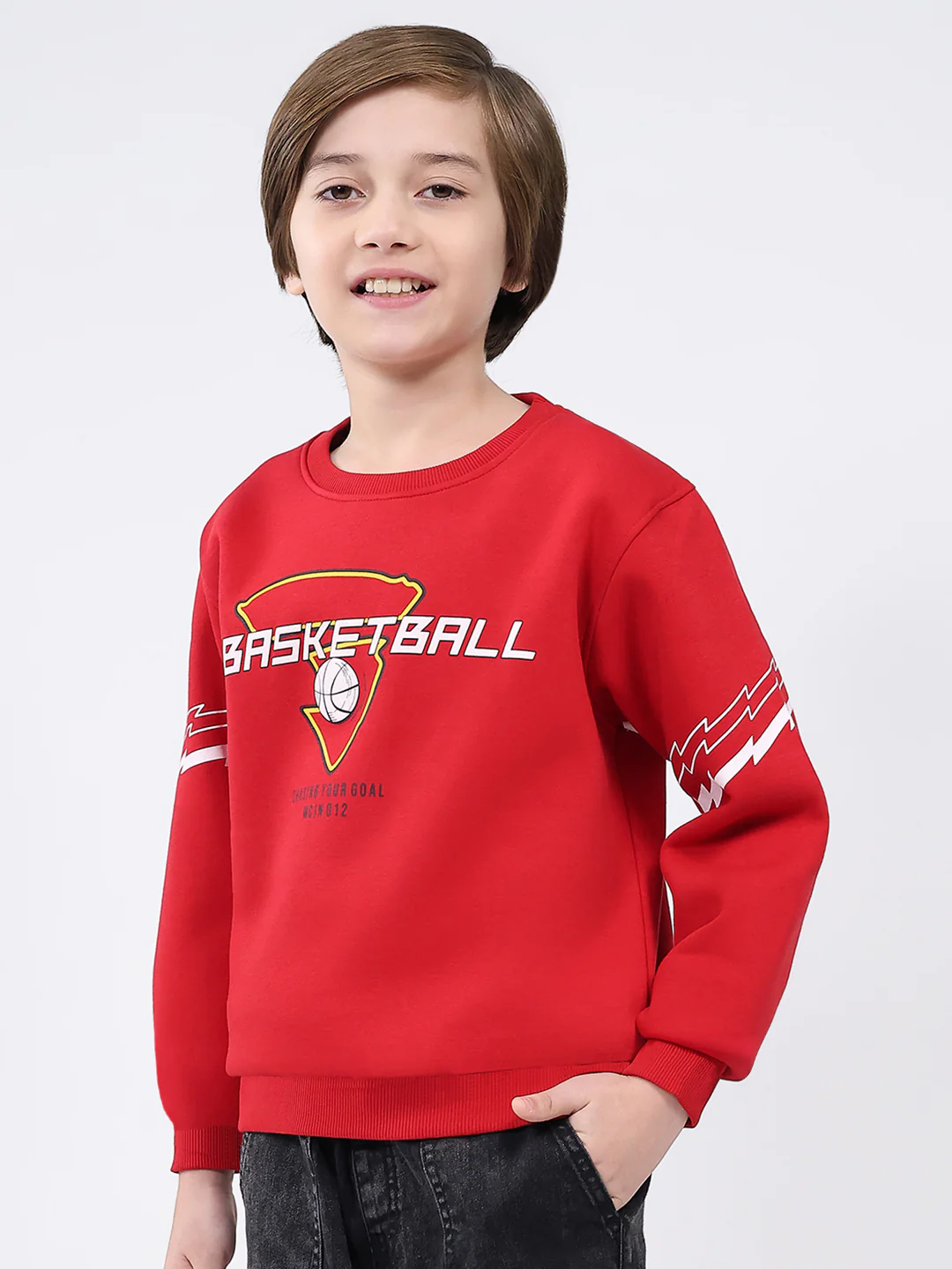 Boys Red Printed Round Neck Full Sleeve Sweatshirt - Image 3