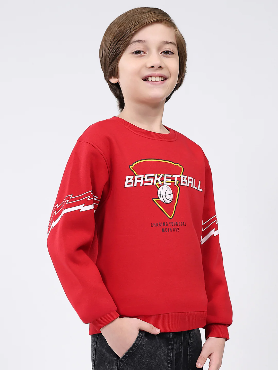 Boys Red Printed Round Neck Full Sleeve Sweatshirt - Image 4