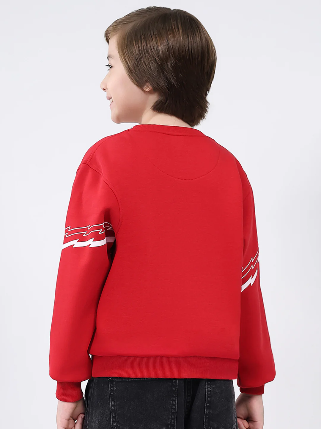 Boys Red Printed Round Neck Full Sleeve Sweatshirt - Image 5