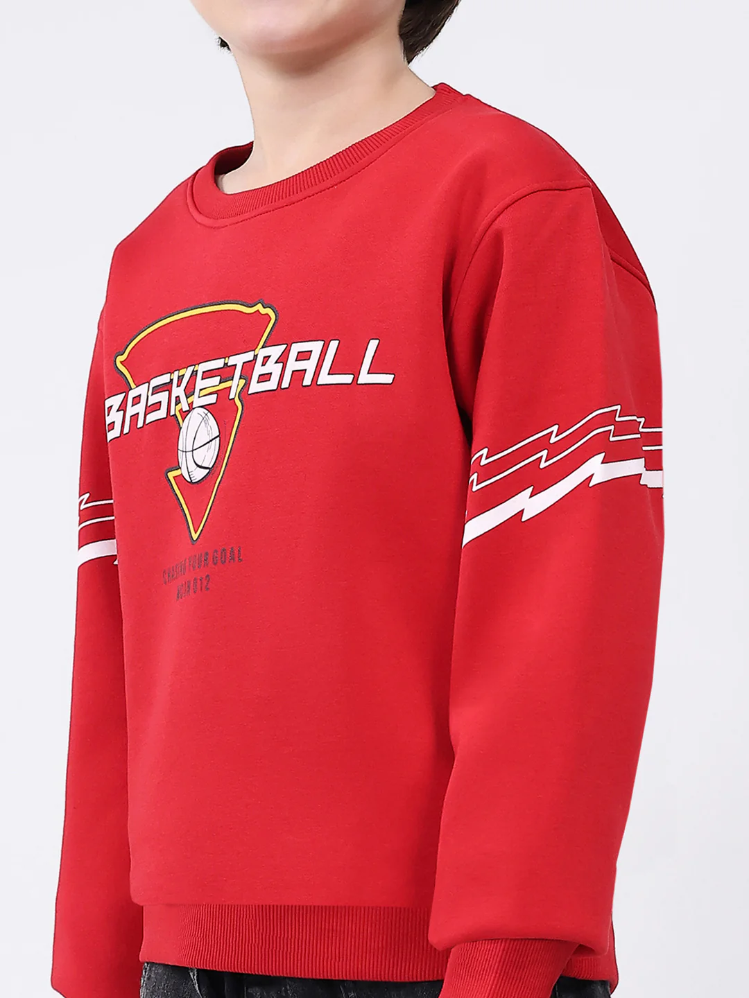 Boys Red Printed Round Neck Full Sleeve Sweatshirt - Image 6