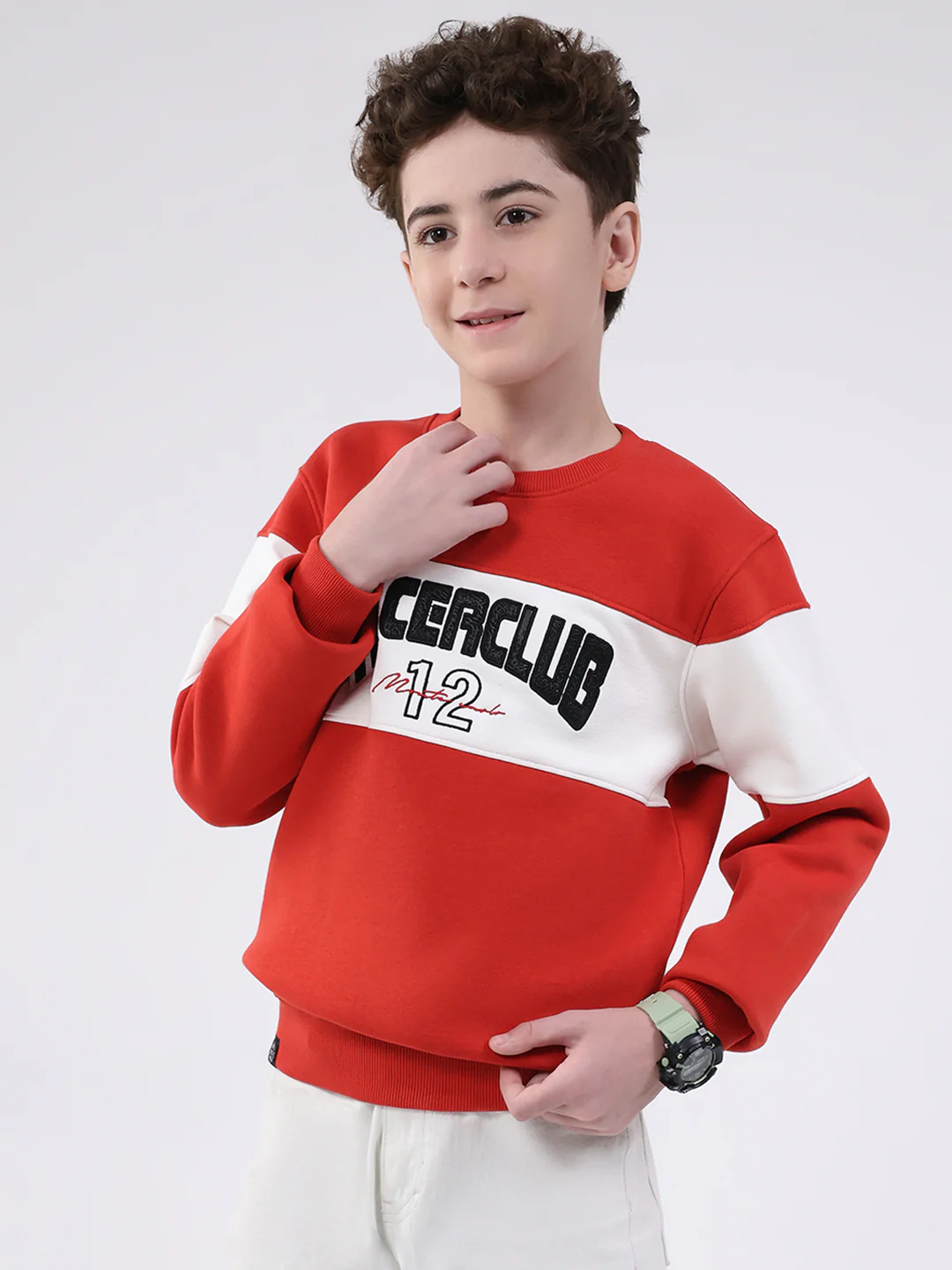 Boys Red Printed Round Neck Full Sleeve Sweatshirt - Image 3