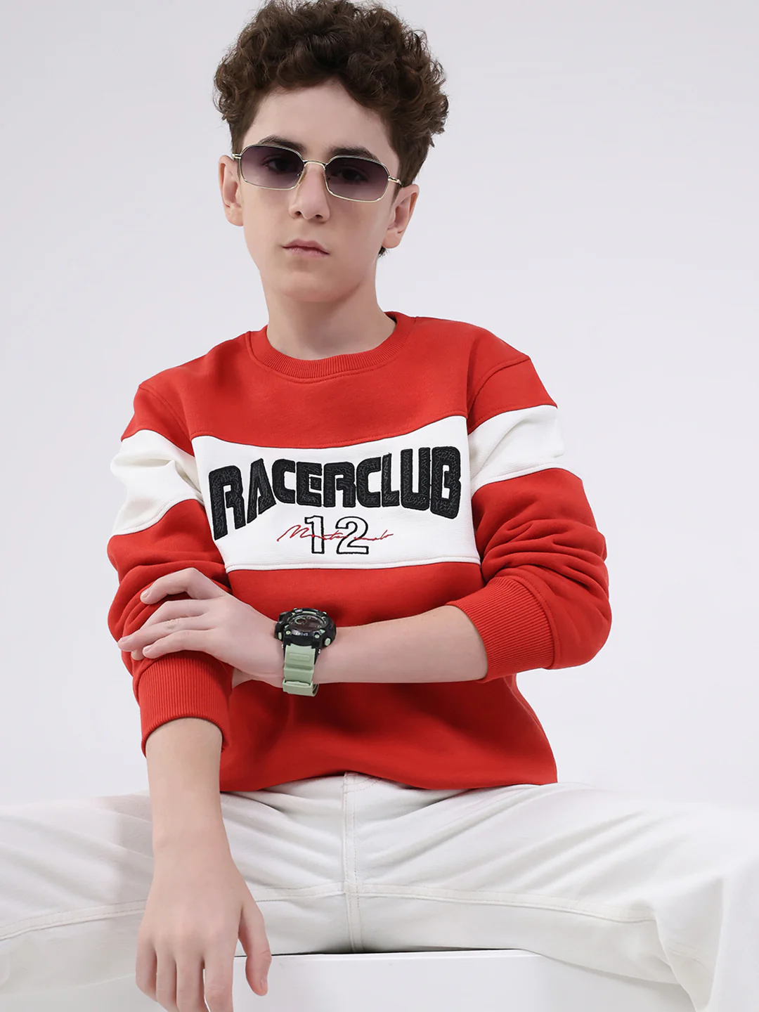 Boys Red Printed Round Neck Full Sleeve Sweatshirt - Image 6