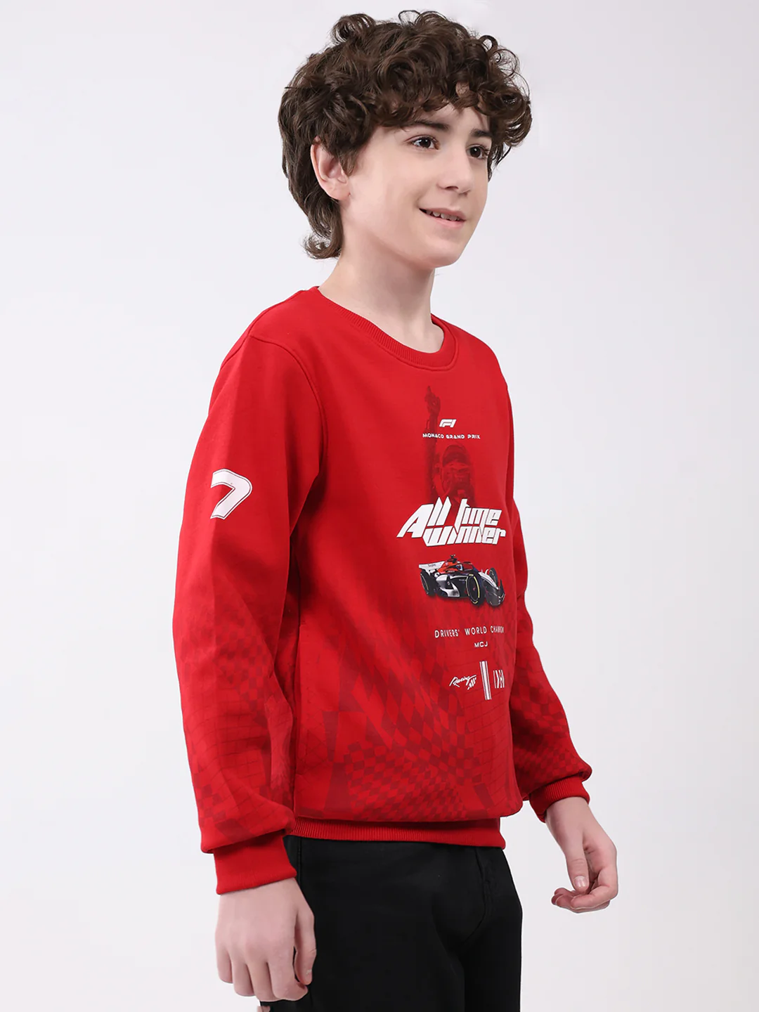 Boys Red Printed Round Neck Full Sleeve Sweatshirt - Image 4