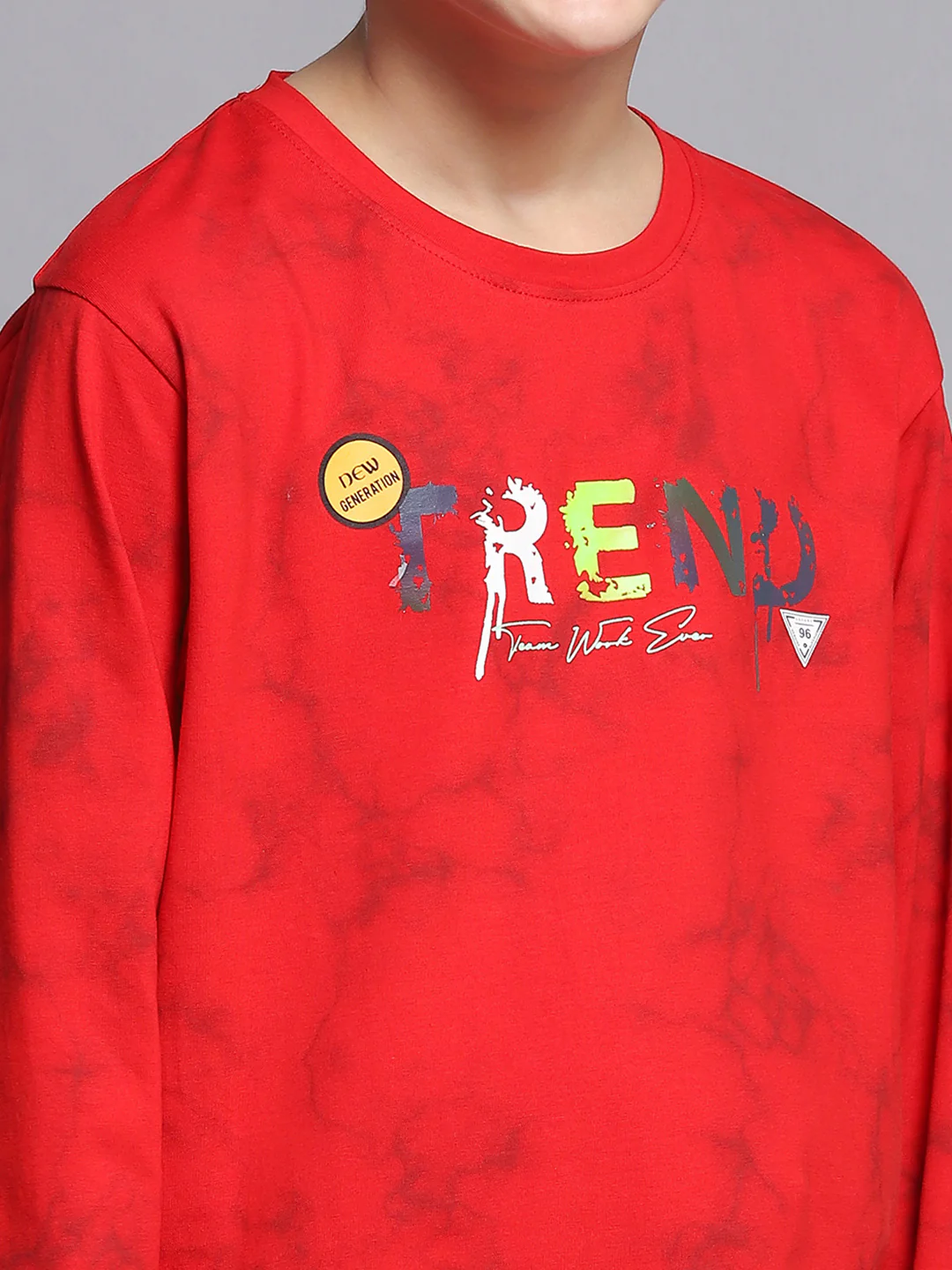 Boys Red Printed Round Neck Full Sleeve T-Shirts - Image 6