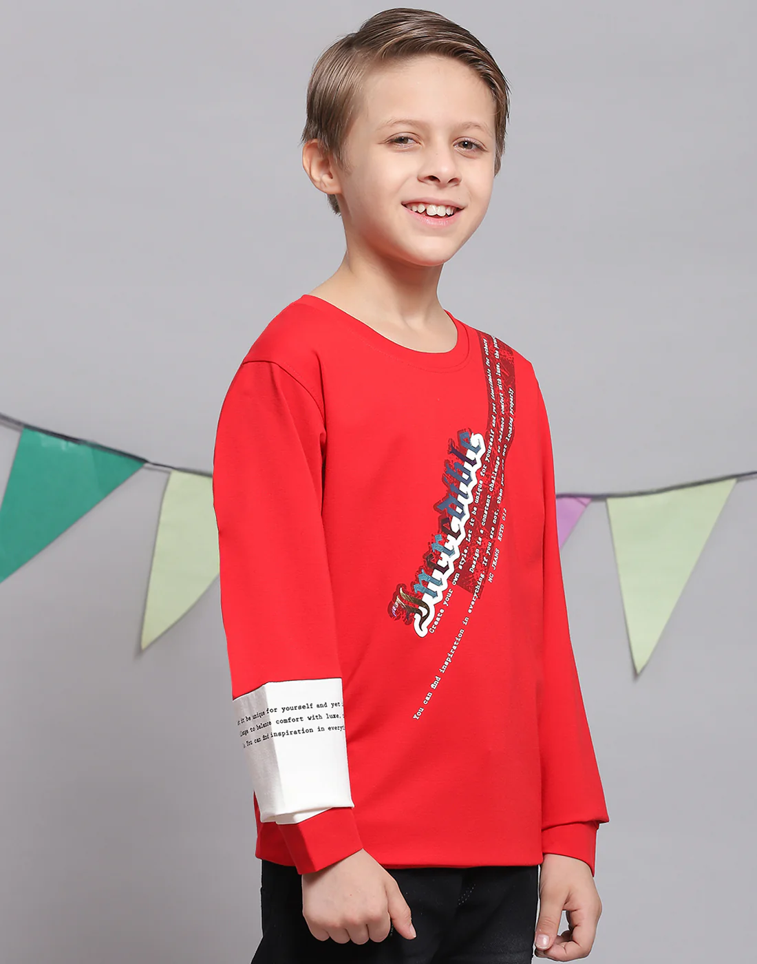 Boys Red Printed Round Neck Full Sleeve T-Shirts - Image 5