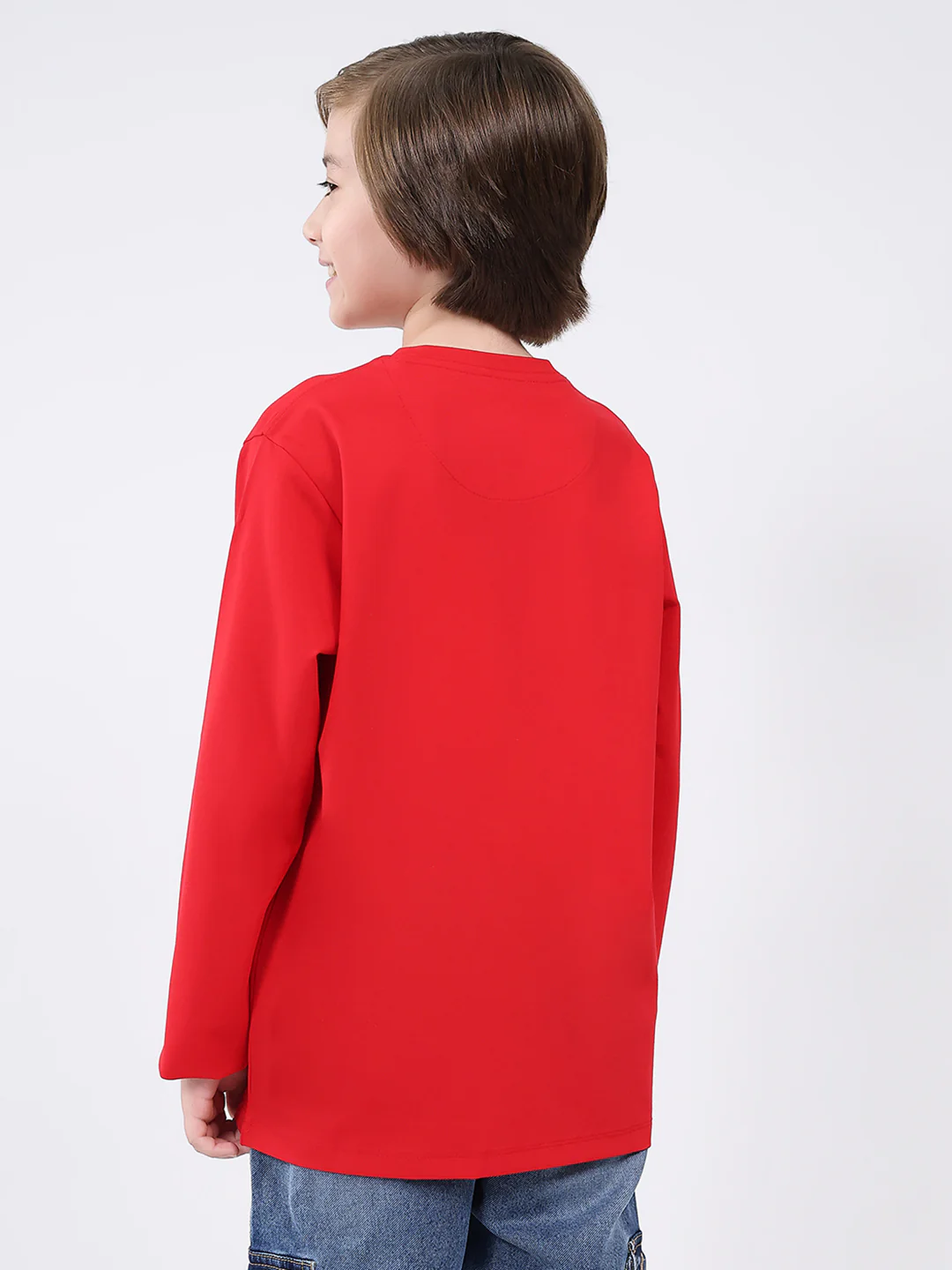 Boys Red Printed Round Neck Full Sleeve Winter T-Shirt - Image 5