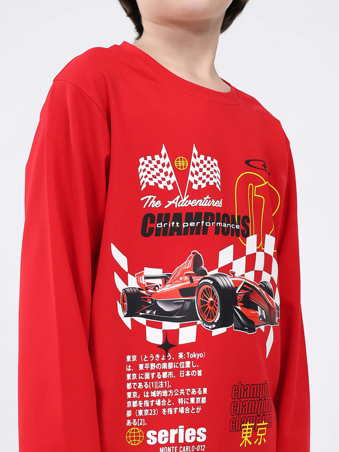 Boys Red Printed Round Neck Full Sleeve Winter T-Shirt - Image 6