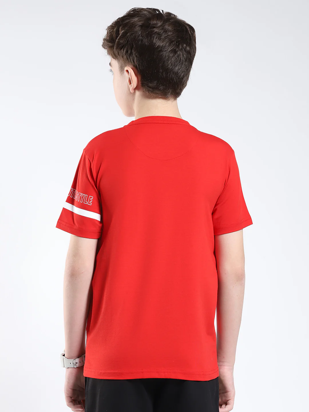 Boys Red Printed Round Neck Half Sleeve T-Shirt - Image 5