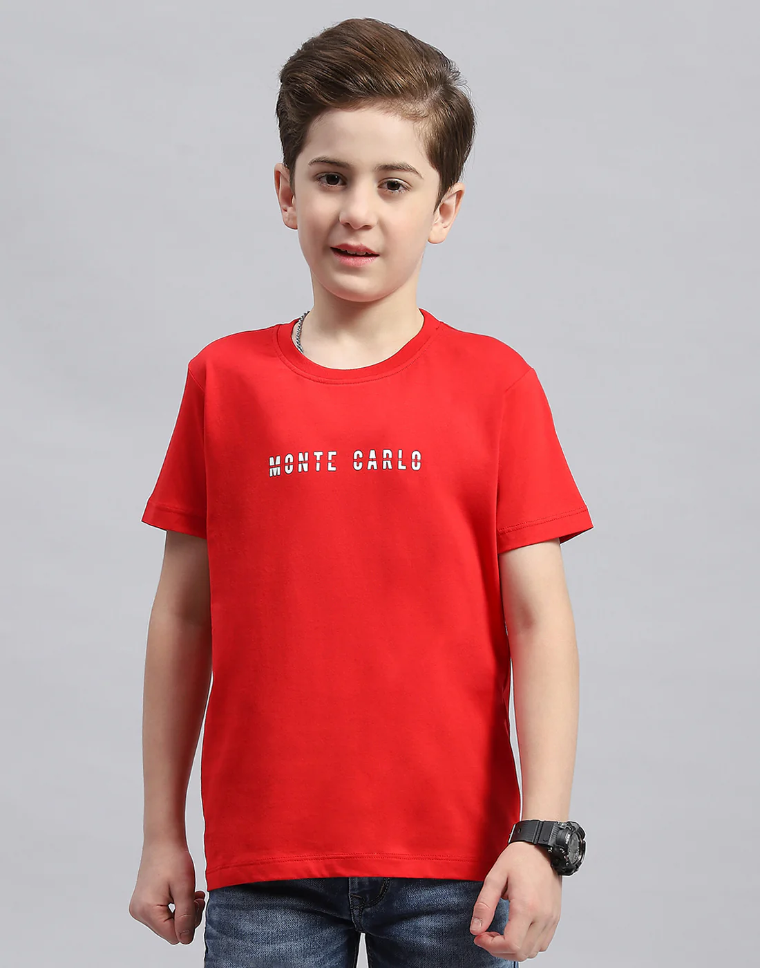 Boys Red Printed Round Neck Half Sleeve T-Shirt - Image 2