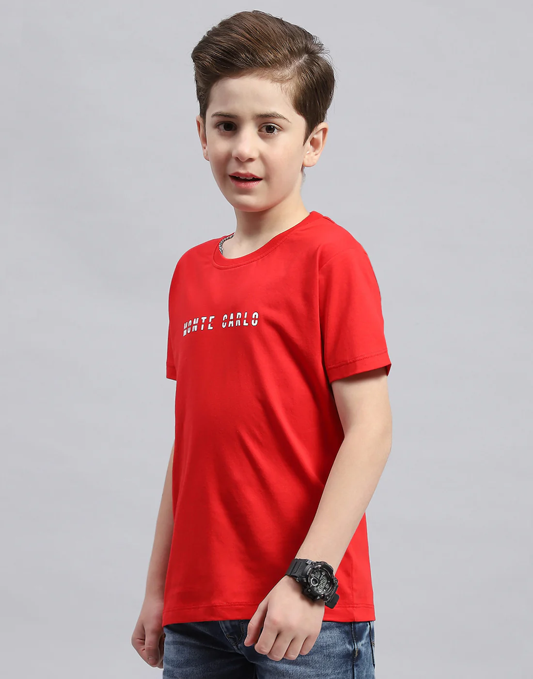 Boys Red Printed Round Neck Half Sleeve T-Shirt - Image 3