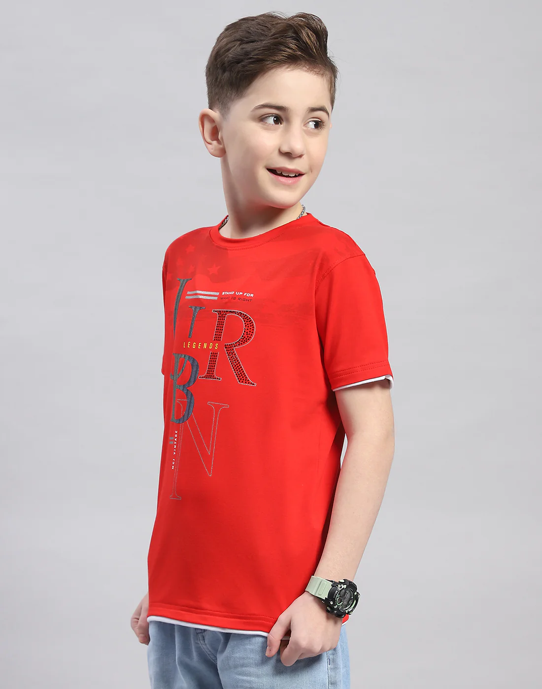 Boys Red Printed Round Neck Half Sleeve T-Shirt - Image 3