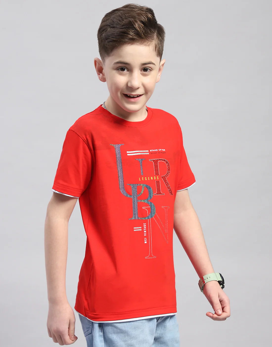 Boys Red Printed Round Neck Half Sleeve T-Shirt - Image 4