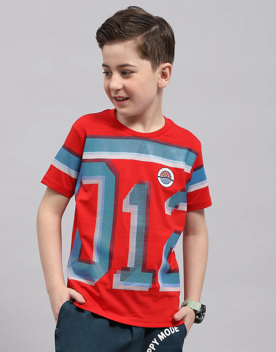 Boys Red Printed Round Neck Half Sleeve T-Shirt - Image 2
